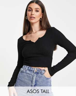 ASOS DESIGN Tall long sleeve ribbed top with notch neck in black ...