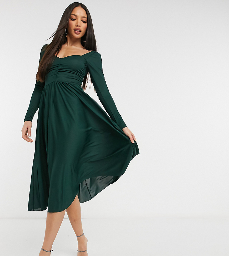 ASOS DESIGN Tall long sleeve ruched bust midi dress in forest green