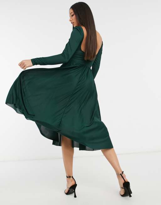 ASOS DESIGN Tall long sleeve ruched bust midi dress in forest green