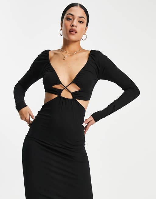 ASOS DESIGN Tall long sleeve ruched channel cut out midi dress in