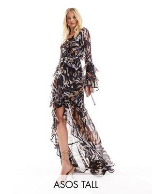 ASOS DESIGN Tall long sleeve ruffle maxi dress with lace inserts in animal print