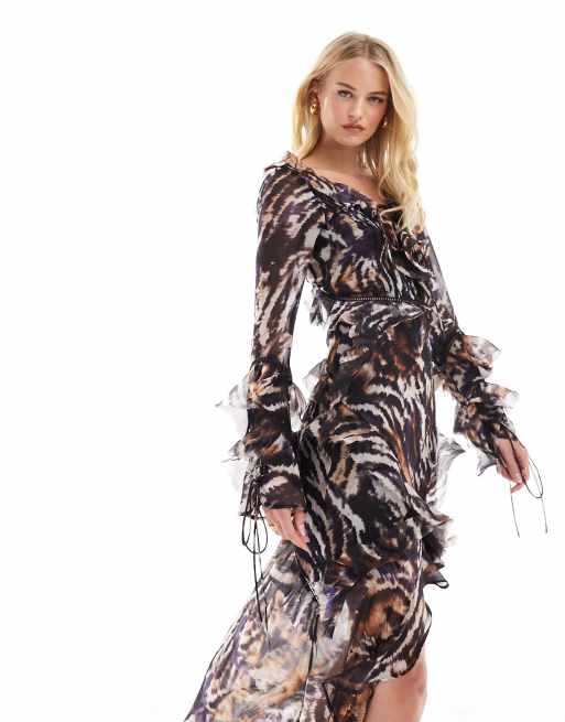 ASOS Design Tall Long Sleeve Ruffle Maxi Dress with Lace Inserts in Animal print Multi