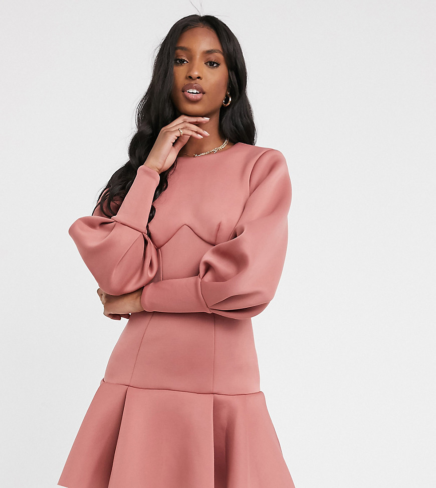 Product photo of Asos design tall long sleeve seamed pep hem mini dress with open back in rose - pink