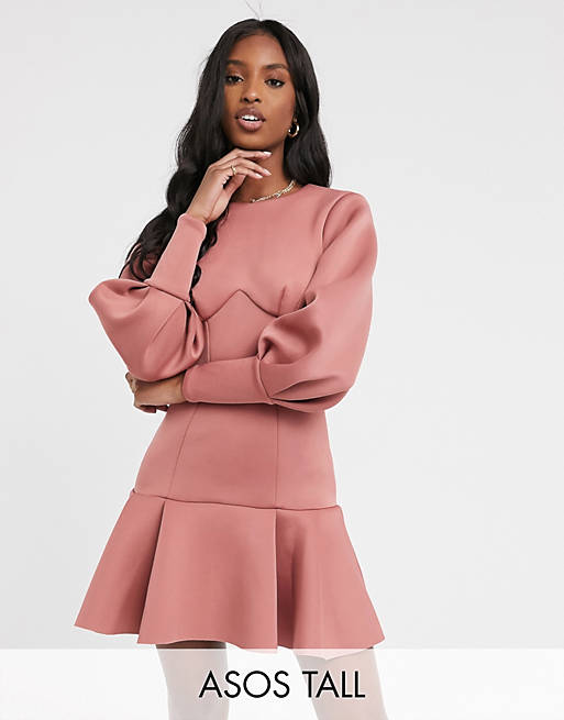 Dresses Tall long sleeve seamed pep hem mini dress with open back in rose 
