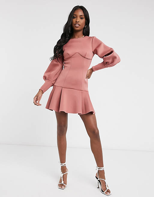Dresses Tall long sleeve seamed pep hem mini dress with open back in rose 