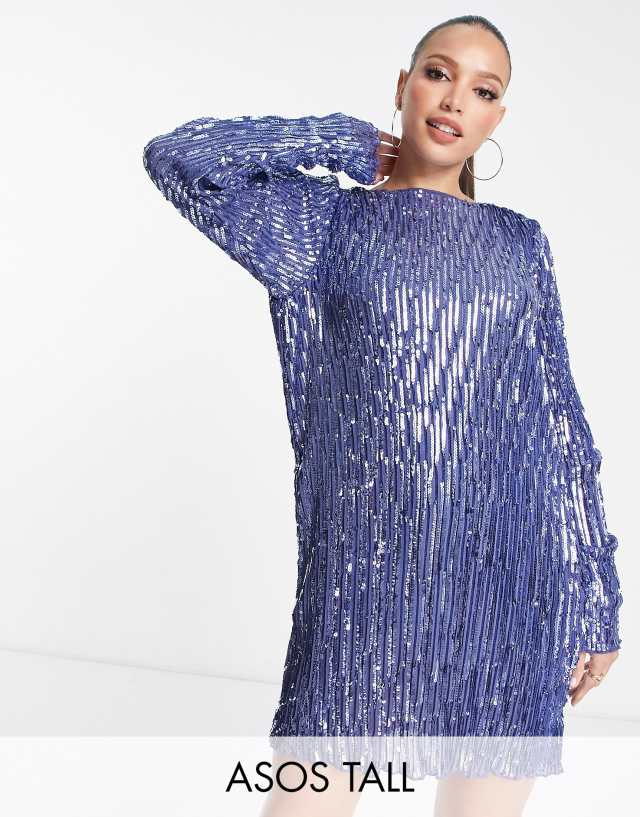 ASOS DESIGN Tall long sleeve shift mini dress in plisse sequin in blue