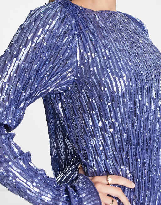 asos sequin shift dress ASOS DESIGN Tall long sleeve shift mini dress in plisse sequin in blue