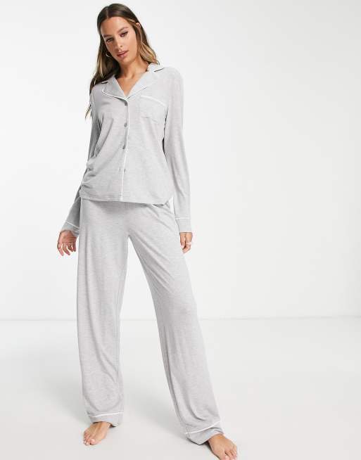 ASOS DESIGN Tall long sleeve shirt & pants pajama set with contrast piping  in gray