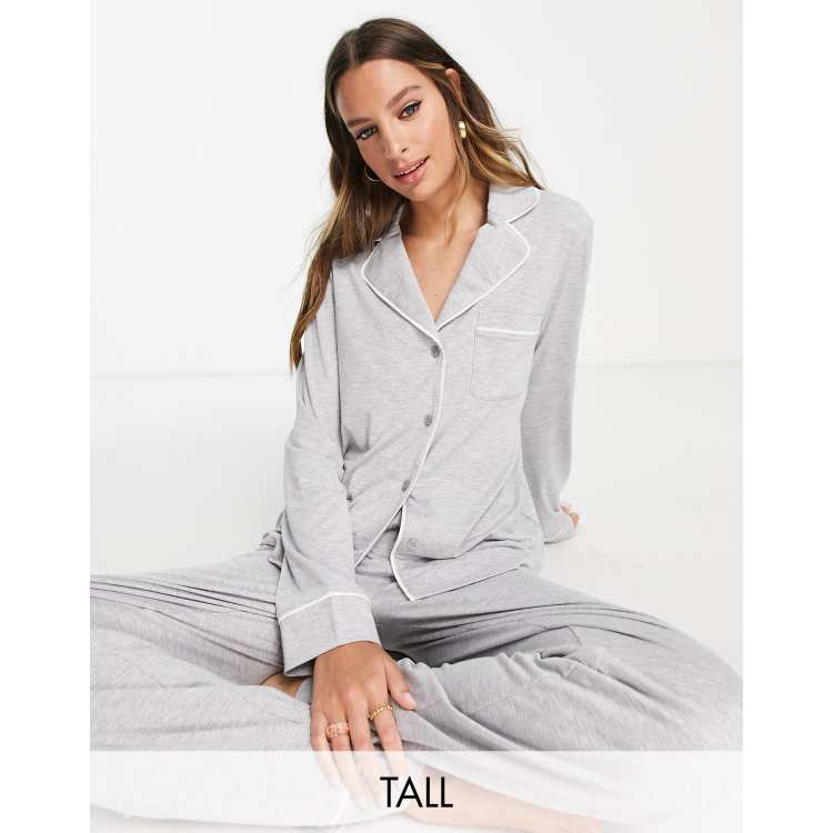 ASOS DESIGN Tall long sleeve shirt & trouser pyjama set with contrast  piping in grey