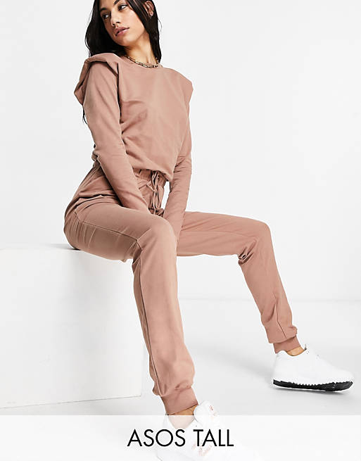 Jumpsuits & Playsuits tall long sleeve shoulder pad jogger jumpsuit in brown 