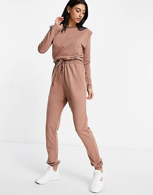  tall long sleeve shoulder pad jogger jumpsuit in brown 