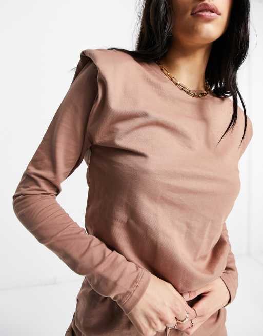 ASOS DESIGN tall long sleeve shoulder pad trackie jumpsuit in brown, 3 of 4