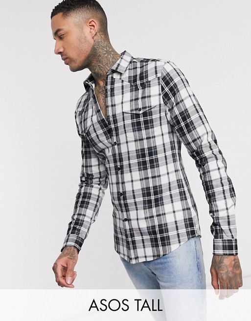 ASOS DESIGN Tall long sleeve slim fit western shirt in black check