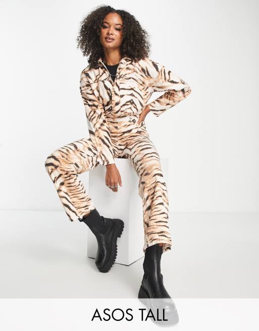 ASOS DESIGN Tall long sleeve slouchy twill jumpsuit in animal print