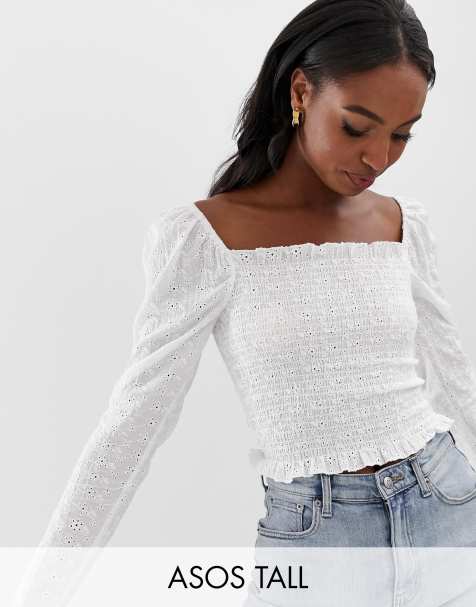 ASOS DESIGN Tall long sleeve square neck top in broderie with shirring