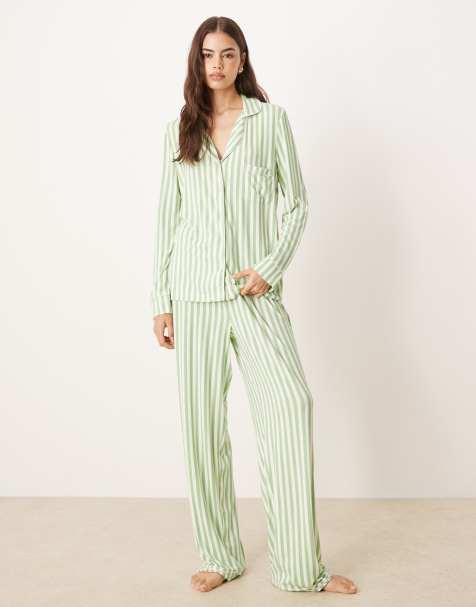 ASOS DESIGN Tall long sleeve super soft pajama set in green stripe & lilac contrast piping - view 1