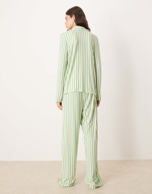 ASOS DESIGN Tall long sleeve super soft pajama set in green stripe & lilac contrast piping, 2 of 4