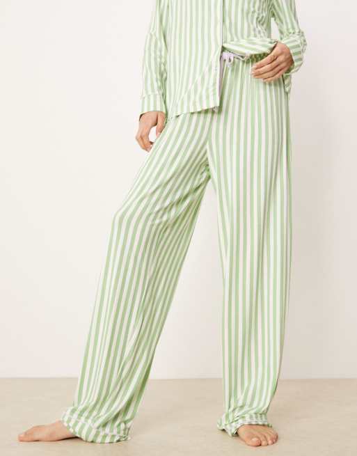 ASOS DESIGN Tall long sleeve super soft pyjama set in green stripe & lilac contrast piping, 3 of 4