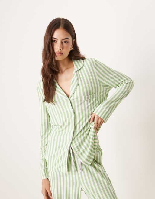 ASOS DESIGN Tall long sleeve super soft pyjama set in green stripe & lilac contrast piping, 4 of 4