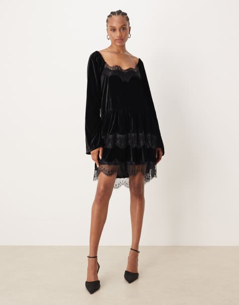 ASOS DESIGN Tall long sleeve sweetheart neckline velvet mini dress in black - view 1