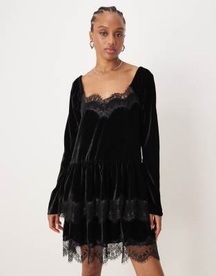 Asos Tall Asos Design Tall Long Sleeve Sweetheart Neckline Velvet Mini Dress In Black