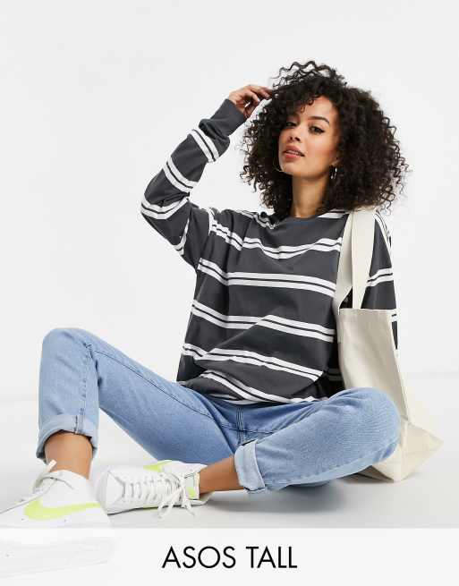 ASOS DESIGN Tall long sleeve t-shirt with cuff and double stripe in charcoal