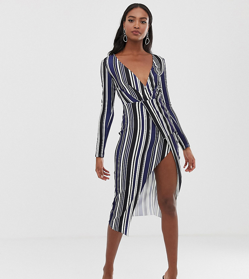 ASOS DESIGN tall long sleeve textured wrap midi dress in stripe-Multi