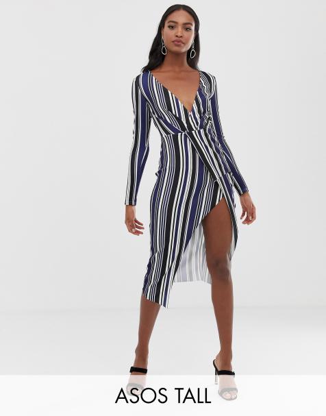 ASOS DESIGN tall long sleeve textured wrap midi dress in stripe