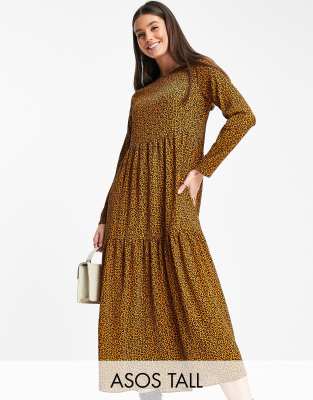 ASOS DESIGN Tall long sleeve tiered smock midi dress in animal print - ASOS Price Checker