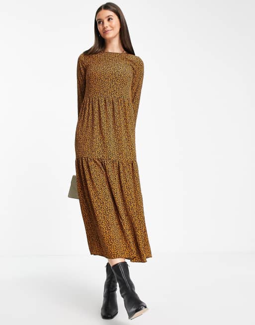 ASOS DESIGN Tall long sleeve tiered smock midi dress in animal print