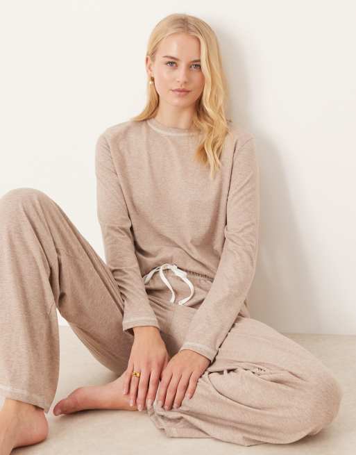 ASOS DESIGN Tall long sleeve top and wide leg pants pyjama set in brown marl, 2 of 4