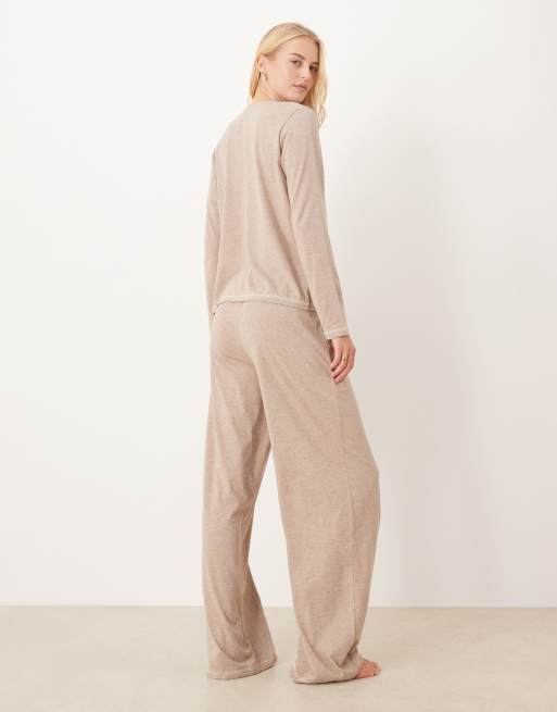ASOS DESIGN Tall long sleeve top and wide leg pants pyjama set in brown marl, 4 of 4