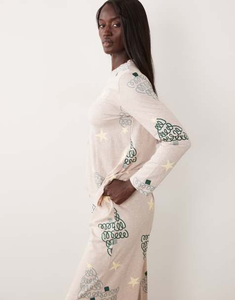 ASOS DESIGN Tall long sleeve top & wide leg trouser pyjama set in christmas tree print - view 1