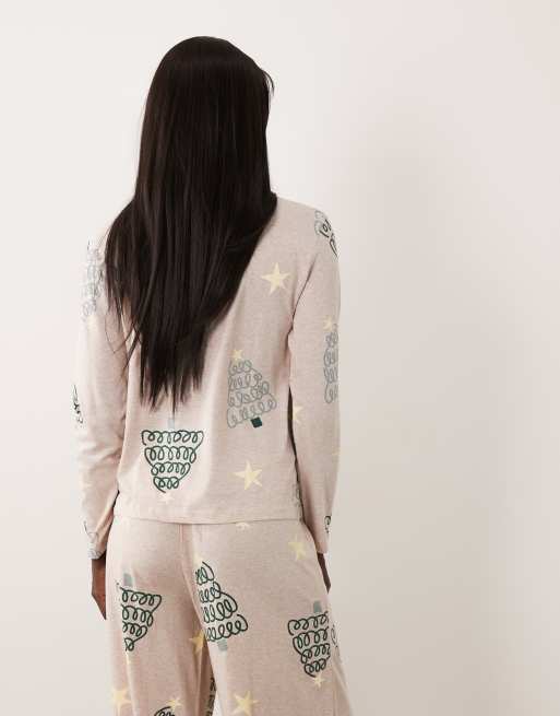 ASOS DESIGN Tall long sleeve top & wide leg trouser pyjama set in christmas tree print, 4 of 4