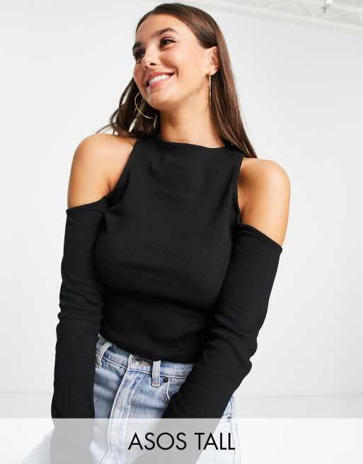 ASOS DESIGN Tall long sleeve top with cold shoulder in black