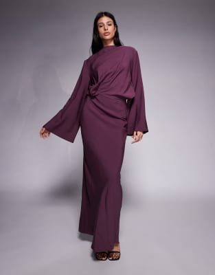 ASOS Tall ASOS DESIGN Tall long sleeve tucked waist bias maxi dress in plum - BURGUNDY-Red