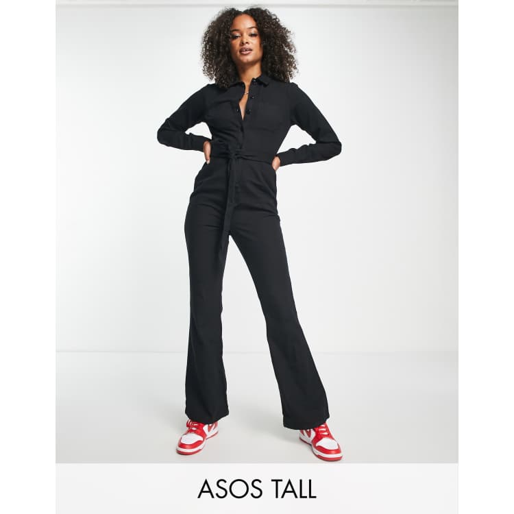 ASOS DESIGN Tall long sleeve twill boilersuit with collar in black