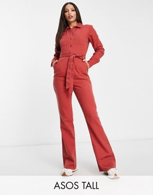 Asos Tall Asos Design Tall Long Sleeve Twill Boilersuit With Collar In Rust-red In Pink