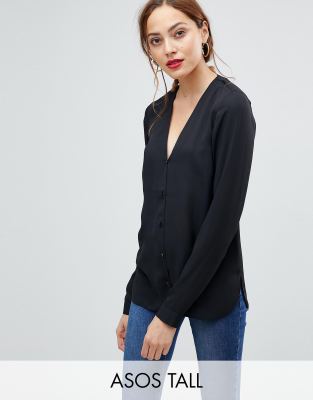 ASOS DESIGN Tall long sleeve v neck blouse-Black