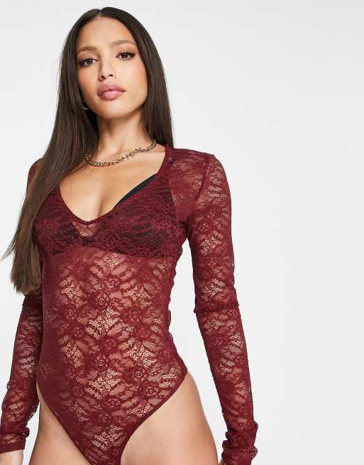 ASOS DESIGN Tall long sleeve v neck lace bodysuit in burgundy