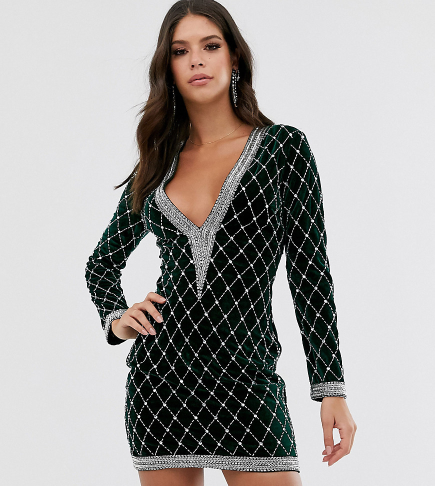 ASOS DESIGN Tall long sleeve velvet embellished plunge mini dress-Green