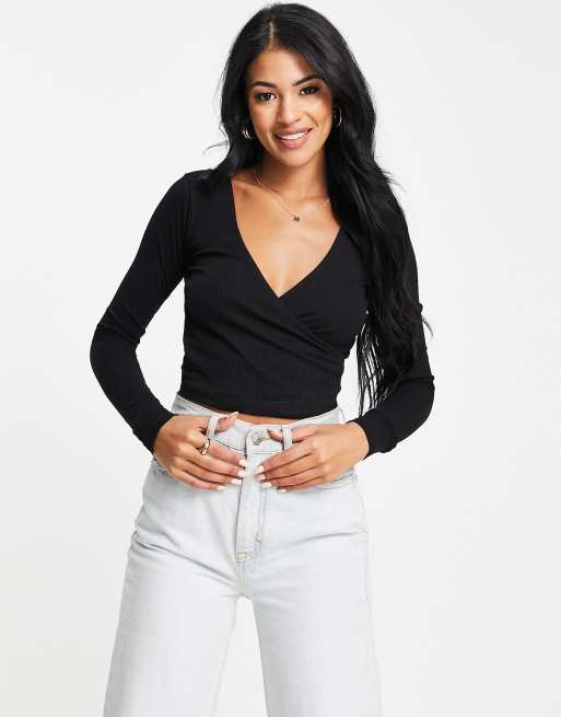 ASOS Top With Wrap Front And Plunge Neckline In Baby Rib in Black