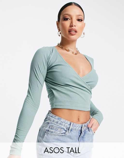 ASOS DESIGN Tall long sleeve wrap front crop top in teal