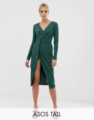 asos design wrap detail midi dress with long sleeves