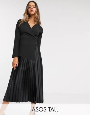 black wrap pleated midi dress