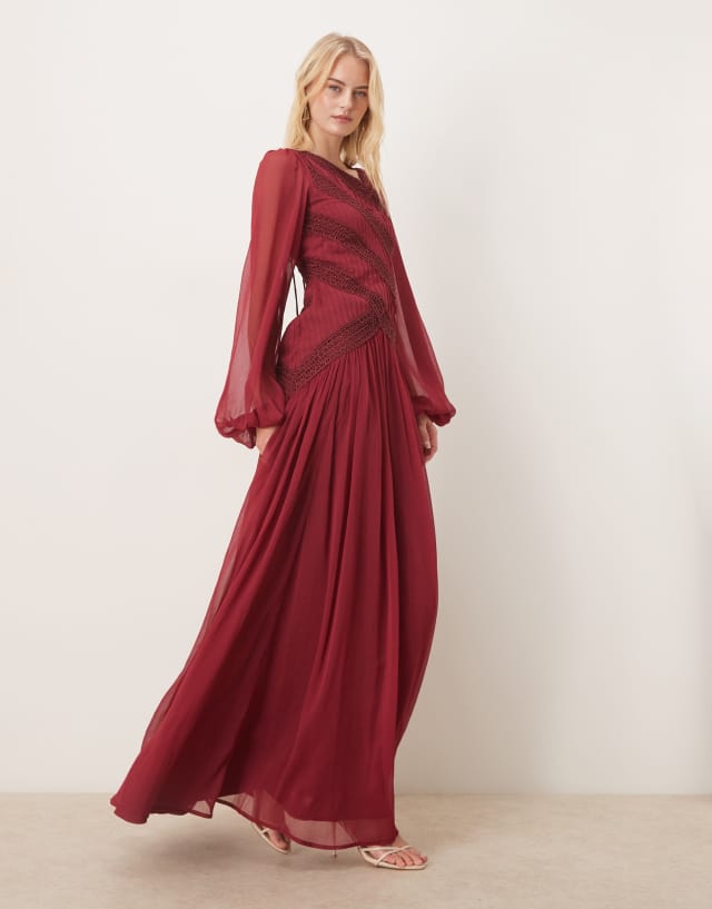 asos red asymmetric dress DESIGN Tall long sleeved neckline maxi with lace trim in Featuring a crew neck