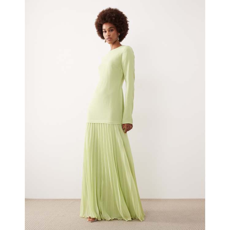 asos design pleated crop top maxi dress ASOS DESIGN Pleated Crop Top Maxi Dress in Khaki Green Size 8
