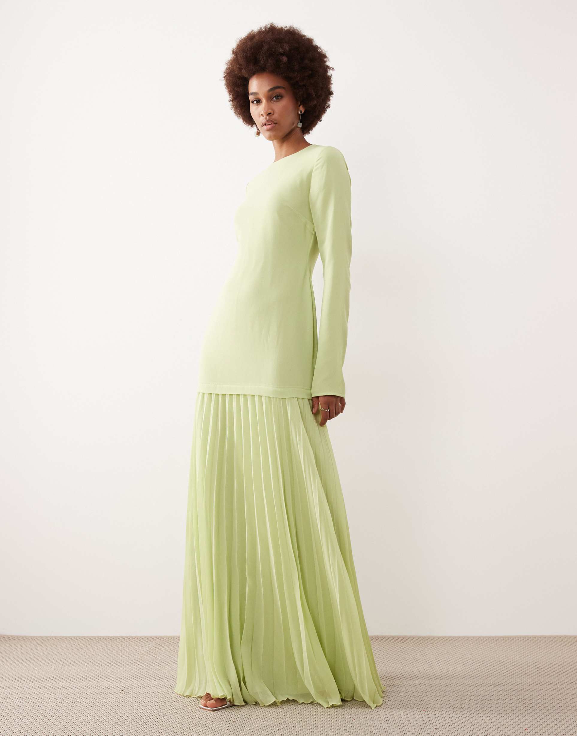 asos design tall long sleeved pleated skirt maxi dress in light green