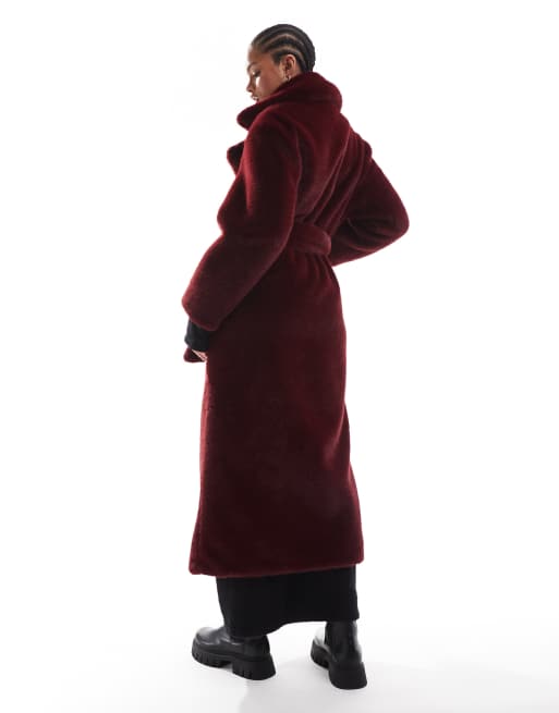 ASOS DESIGN Tall longline belted faux fur coat in burgundy, 2 of 4