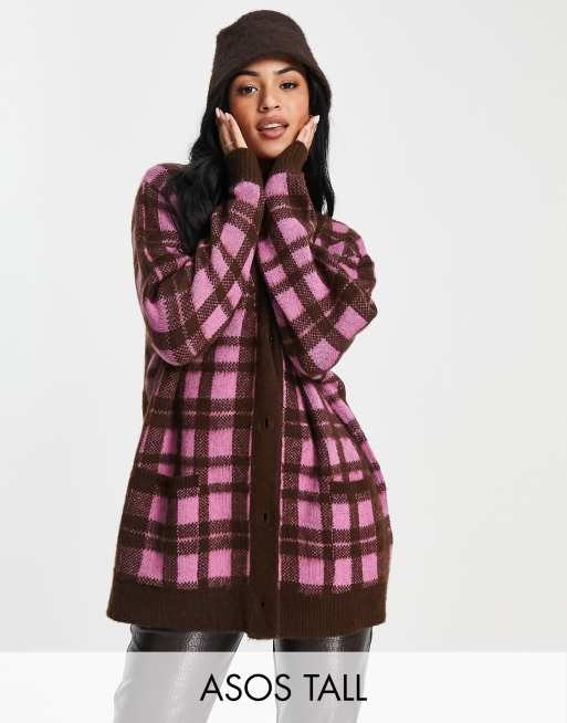 ASOS DESIGN Tall longline cardi in check pattern in brown